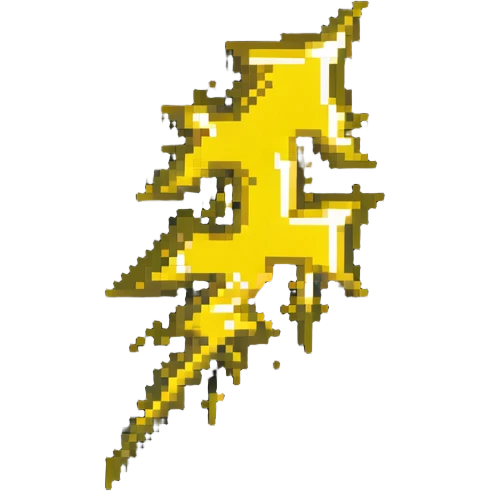 Speed power-up sprite, 64x64 pixels, bright yellow/gold lightning bolt symbol centered on tile, glowing effect, clean pixel edges, simple recognizable design that communicates "speed increase" emoji