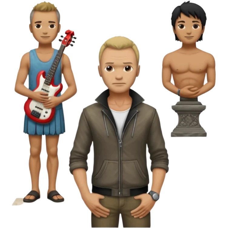 Cinematic realistic ultra HD - Musician Sting stands in front of an antique stone sculpture emoji