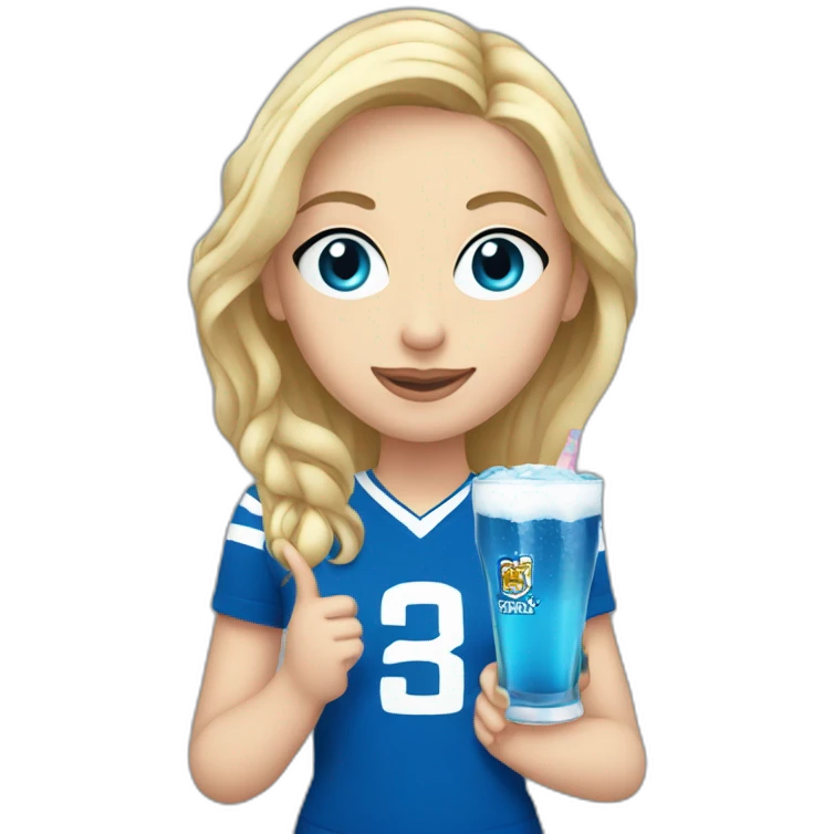 Blonde girl with blue eyes holding a blue wkd drink and wearing a Scotland football tshirt emoji