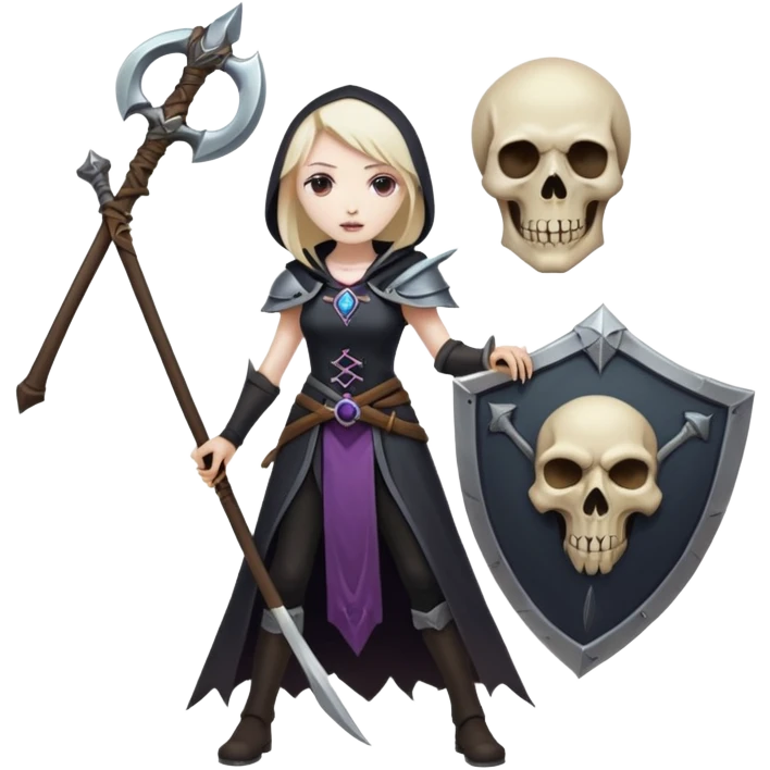 Necromancer girl with scythe and shield, in front of a dead mage emoji