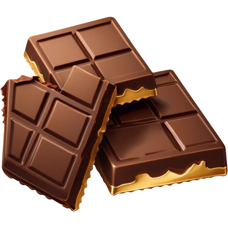 Cinematic silky dark chocolate bar, broken into perfect squares, rich cocoa tones, slightly melting edges, fine texture and decadent shine, warm golden highlights, tempting and rich. emoji