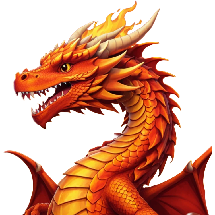 Fire dragon breathing, with an orange sunset background, detailed, digital emoji