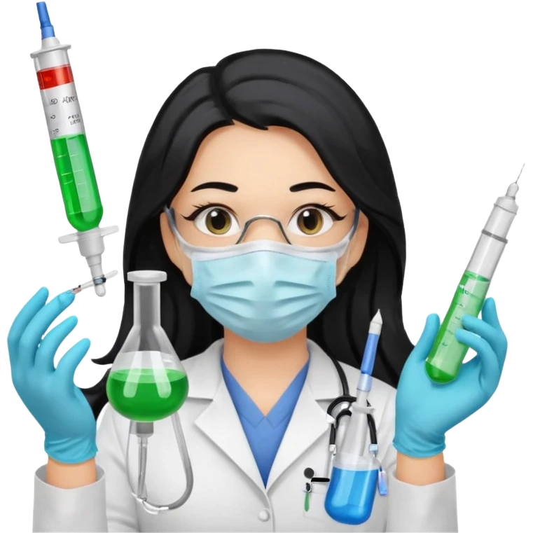 medica con guantes  y mascarilla e insumos laboratorio  jeringa tubos  pelo negro largo triguella emoji