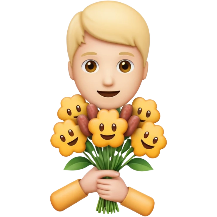 Make emoji flower bouqet from base cheese sausage, holding bouqet white color emoji