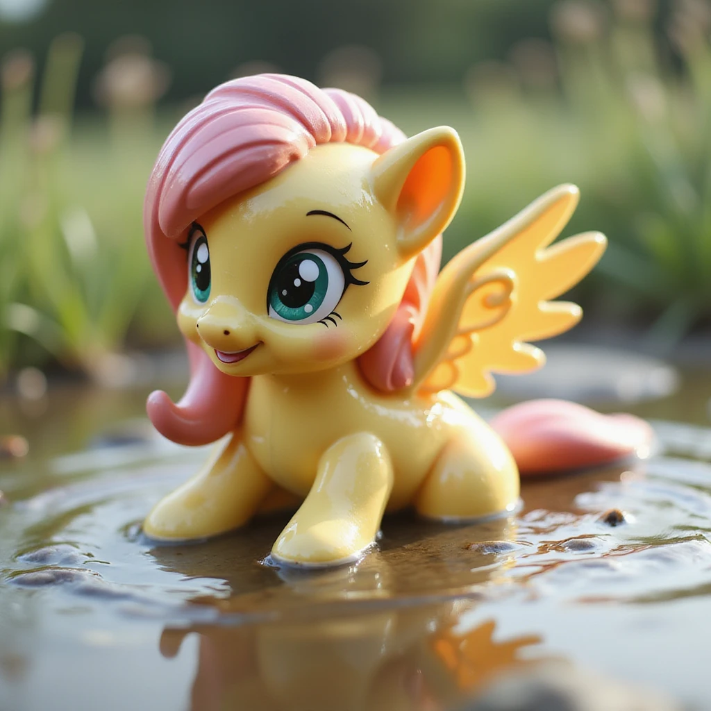 Fluttershy in a realistic style, playing in a puddle, transparent background emoji