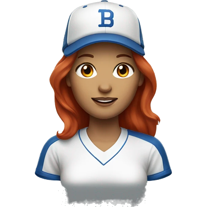 front facing, standing female coach with long red hair, wearing a white t-shirt and a simple blue baseball hat emoji