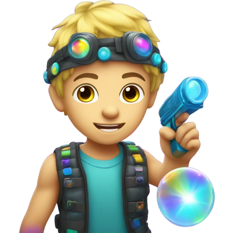 Caucasian boy in glowing rave outfit with headgear, shooting a bubble gun emoji