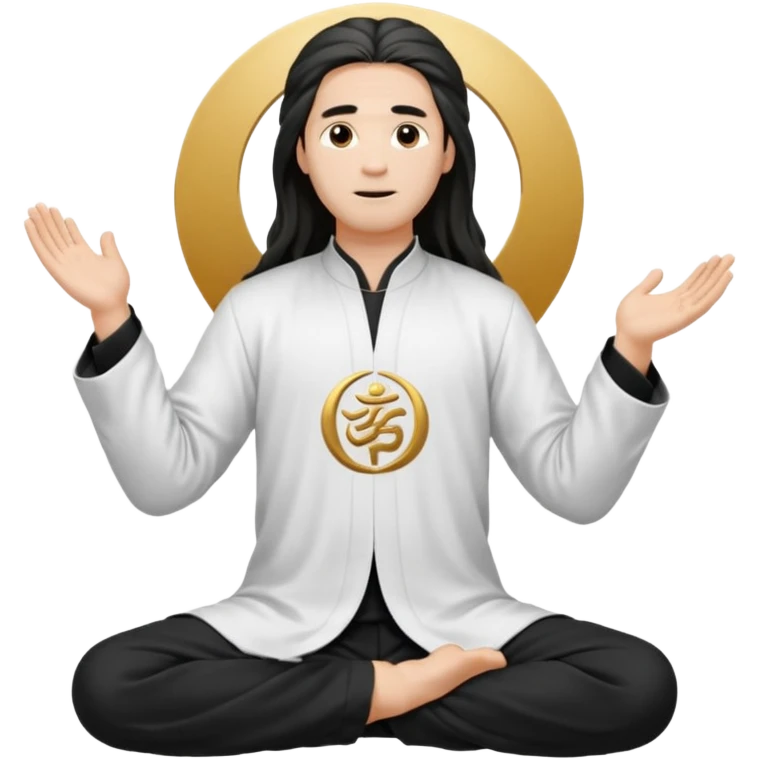 homme au cheveux long qui pratique le qi gong, habits noirs ou blancs,dans la position suivante : le ciel et la terre communiquent emoji