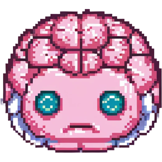 16-bit pixel art of a pink brain-shaped blob with sad droopy eyes and downturned mouth, smooth rounded brain texture, simple retro gaming style emoji