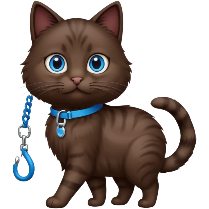 Dark brown cat with blue eyes walking on a leash emoji
