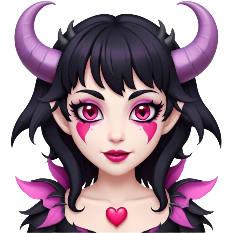 Succubus, pink irises, heart pupils, black shaggy hair, straight across fringe, grey skin, white horns curving towards forehead, succubus horns, flirty smile, full lips, black lips, cute fangs emoji
