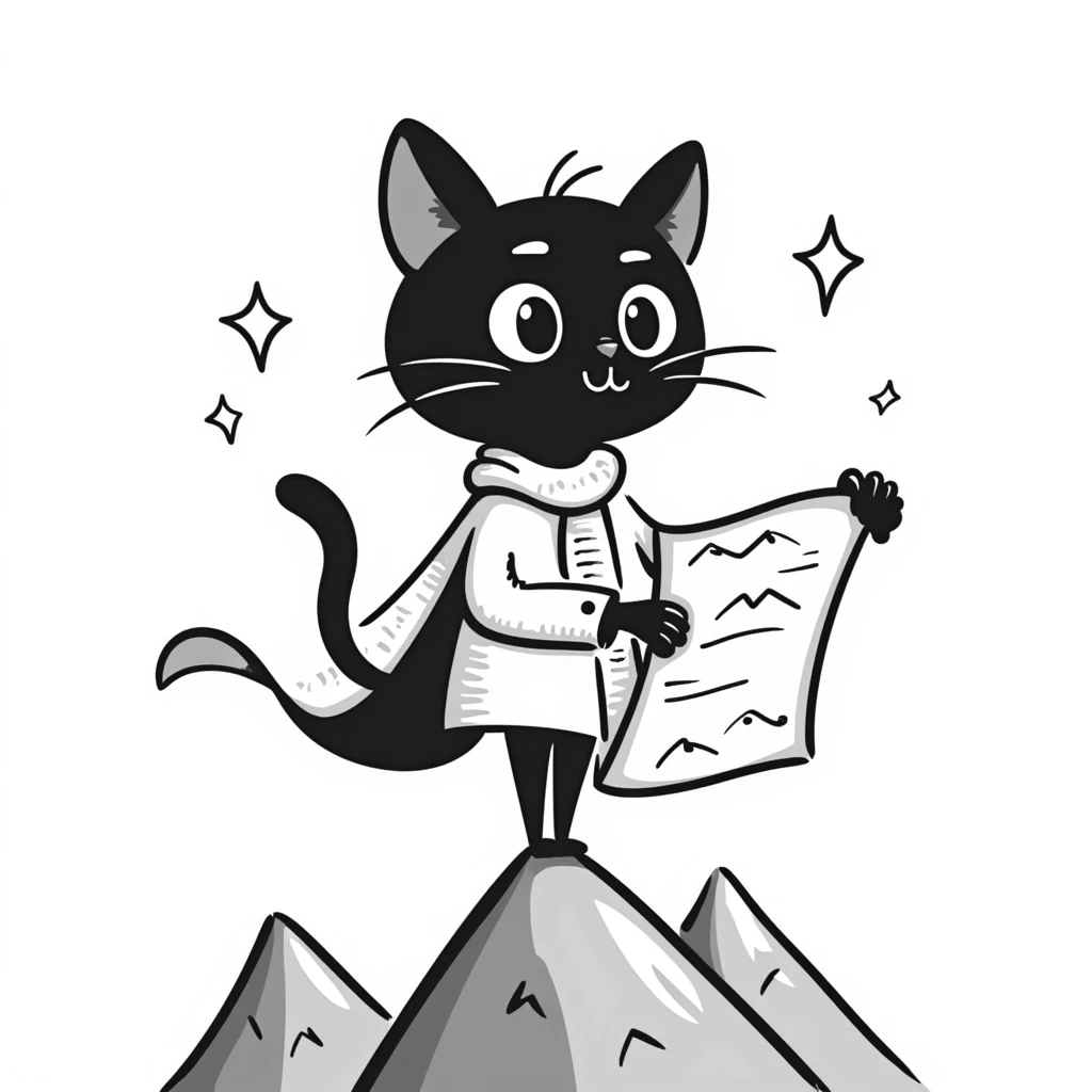 Adventurous cat explorer holding a map, standing on mountain ridge with stars in background, light clothing and cape blowing in wind, looking into the distance emoji