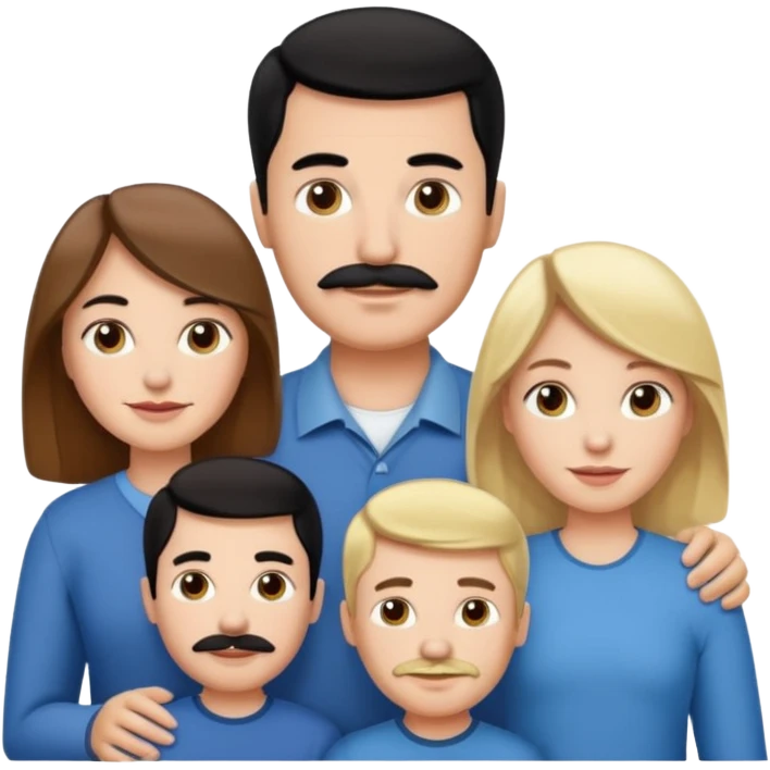 Mom with brown hair. Dad with black hair and mustache. 2 sons with blonde hair. 1 daughter with blonde hair. emoji