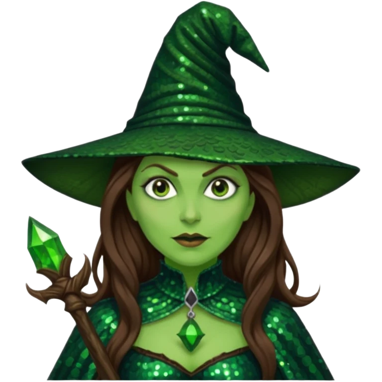 Wicked Witch of the West from the Wizard of Oz with long brown hair, dark green sequin outfit, green skin emoji
