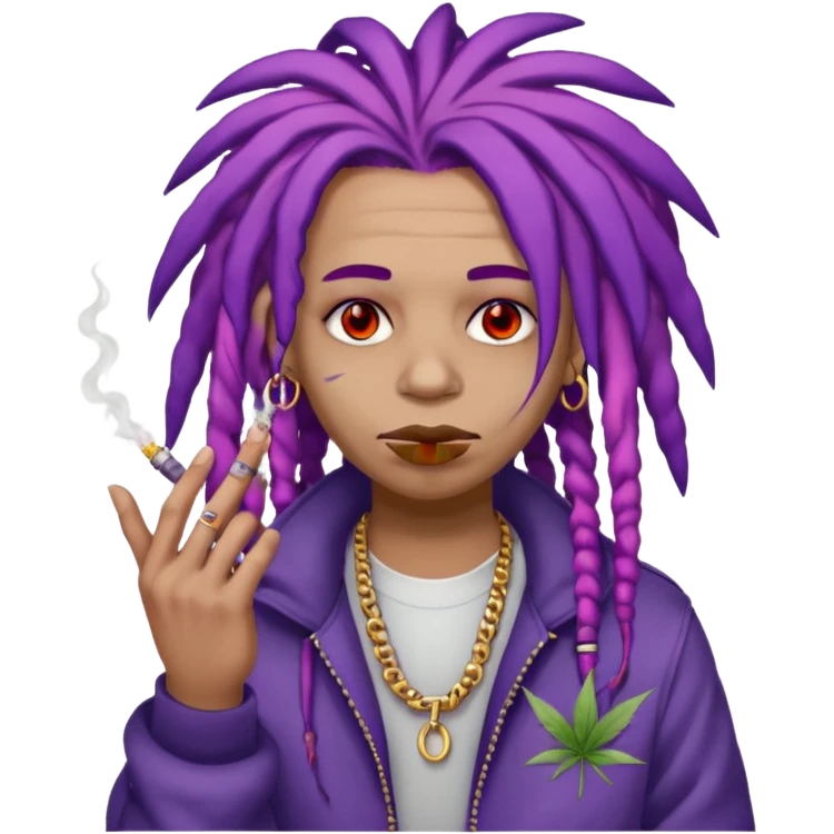 A purple weed smoking emoji with purple dreads, red eyes, hands full of rings, and wearing airforce1 shoes  emoji