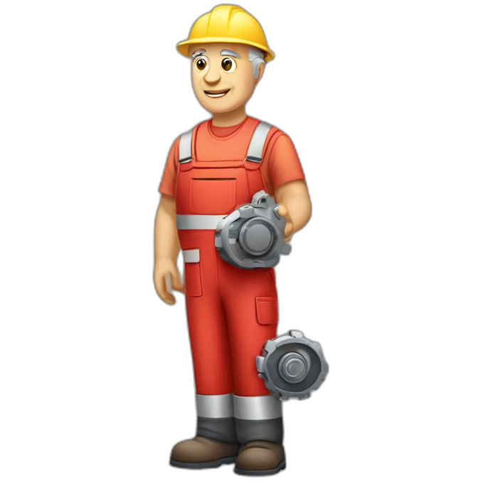 Industrial professional senior mechanical assembler working on the assembly of heavy machinery with a red outfit emoji