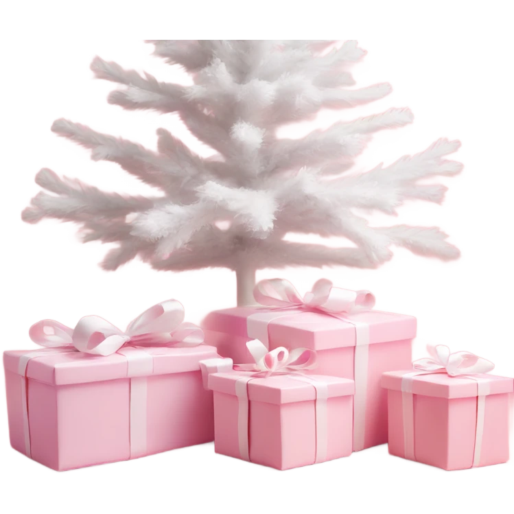 Light pink Christmas gifts under a white Christmas tree  emoji