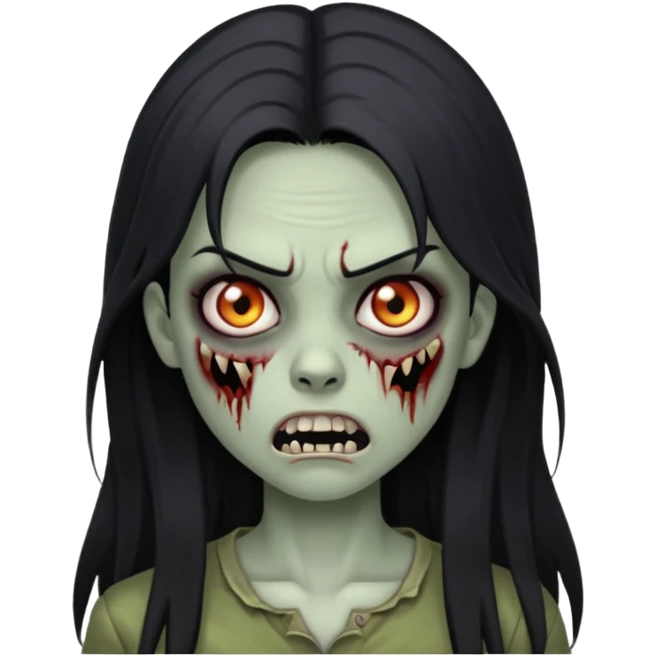 Girl zombie with black long hair with teeth and serious face IOS style emoji