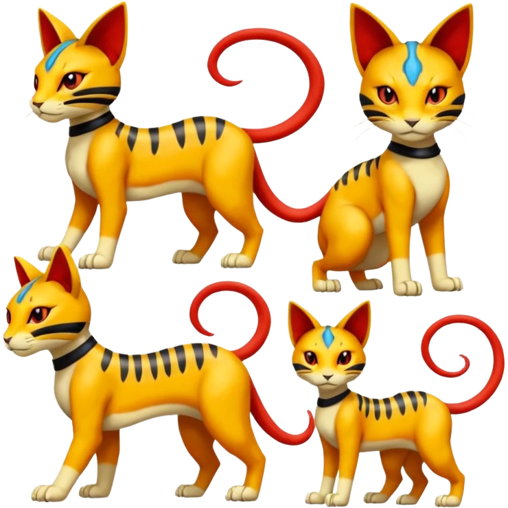 Colorful orange red black yellow Bastet-Meowth-Salandit-Gatomon-Vernid-Protogen-Digimon-Fakémon-Pokémon-creature  (full body) emoji