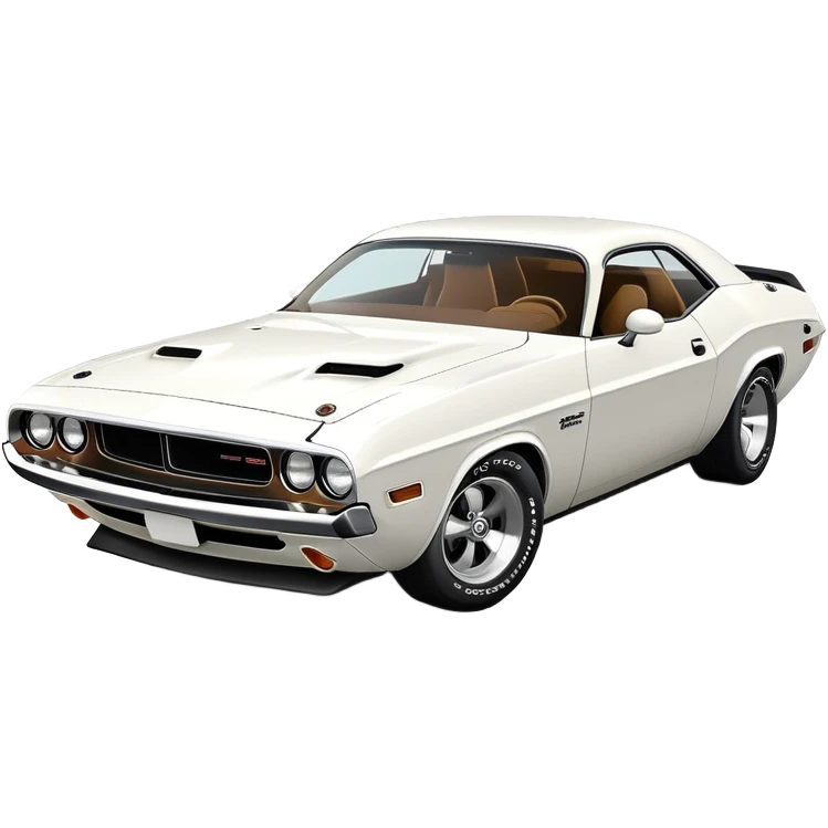 White 1971 Dodge Challenger with distinct muscle car silhouette, accurate 30-degree angle showing detailed front end and profile, maintaining authentic structure, all-white finish, iOS emoji style emoji