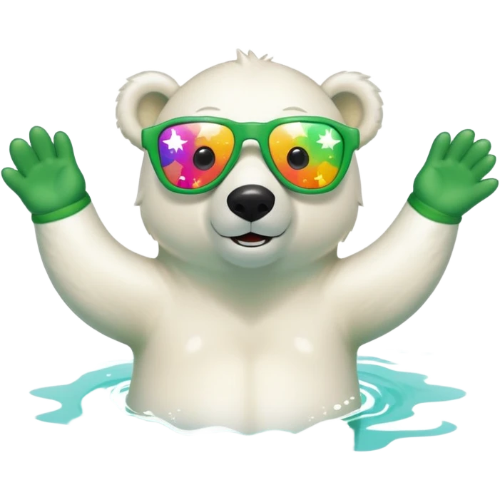 friendly anthropomorphised polar bear wearing oversized colorful star glasses and festive St. Patrick's Day outfit, swimming freestyle with joyful expression emoji