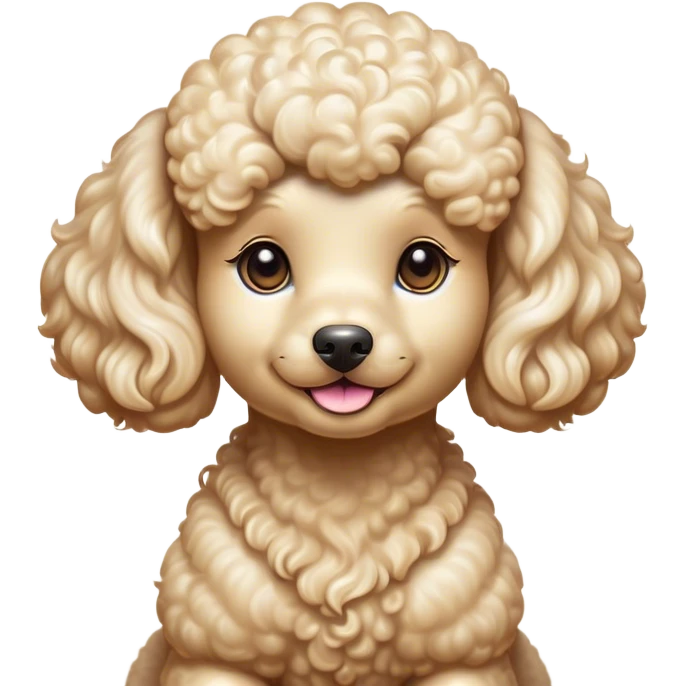 Cinematic Cute Cream Poodle Portrait Emoji, Head tilted playfully and inquisitively, showcasing a bouncy, curly cream Fur with a luminous sheen, round, sparkling warm eyes filled with curiosity, Simplified yet irresistibly adorable features, highly detailed, glowing with a warm, friendly glow, high shine, affectionate and lively, stylized with a touch of whimsy, bright and endearing, soft glowing outline, capturing the essence of a mischievous yet loving companion, so playful it feels like it could bounce out of the screen and into your arms! emoji