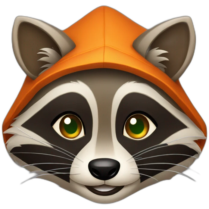 brown raccoon with orange eyes and a dark green hood that is smiling emoji