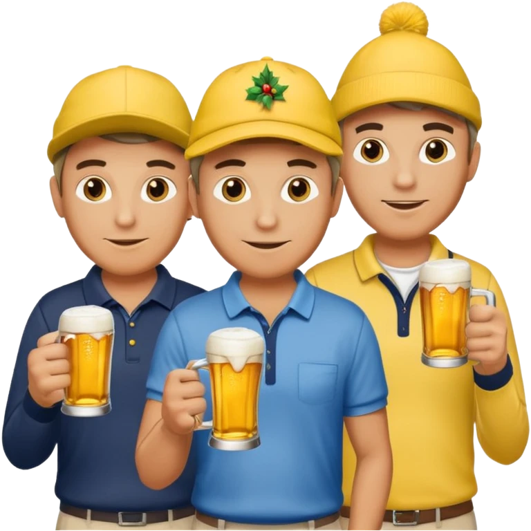 16 men on a golf trip wearing yellow golf caps all holding a beer can with a Xmas style label emoji