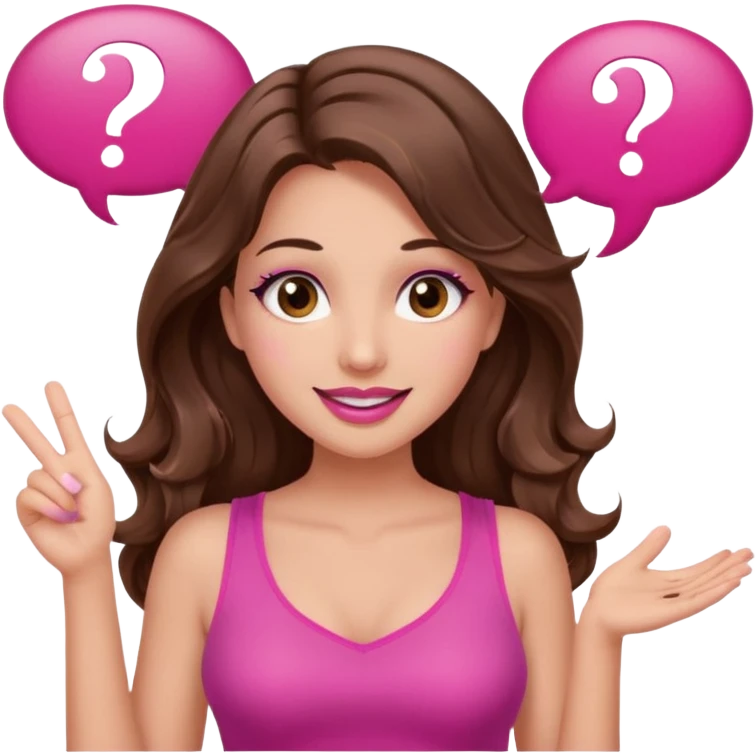 girl with long wavy brown hair, brown eyes, long lashes makeup, sexy pink lips, light to medium complexion, wearing a pink sexy top, shugging, smiling, question mark one speech bubble emoji