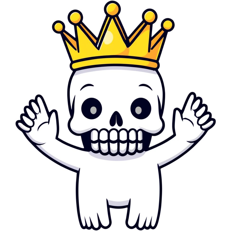 shocked skull with crown, hands raised to head in disbelief, black and white emoji