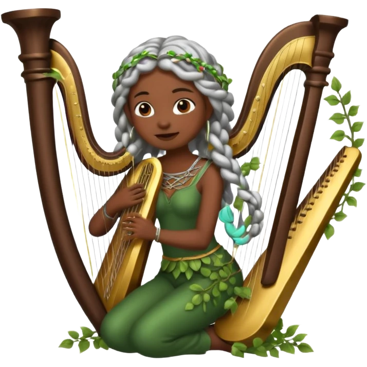 forest emoji character, dark skin woman with silver braids playing harp made of vines emoji