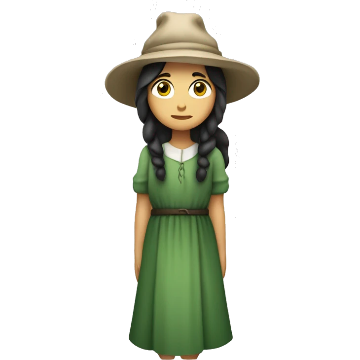 sad shepherdess, white skin, long dark hair, green dress and a hat (whole body emoji) emoji