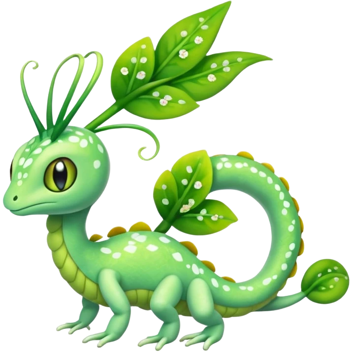 Sparkly White And Green Natural Flowery Colorful Grovyle-Caterpie-Celebi-Fakémon-hybrid-creature (full body)  emoji