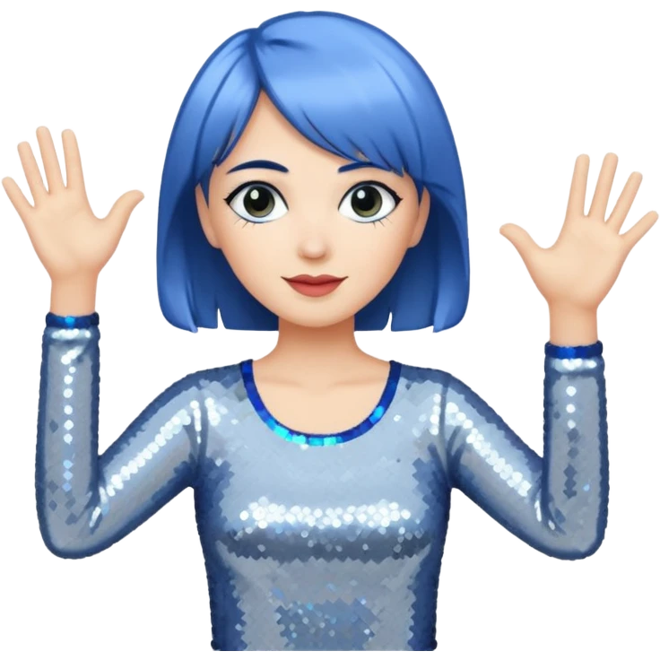 Woman with medium length blue hair doing jazz hands emoji