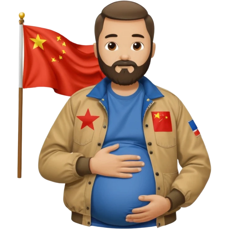 Bearded man rubbing pregnant belly poking out of a chinese flag shirt wearing a tan canvas carhartt jacket emoji
