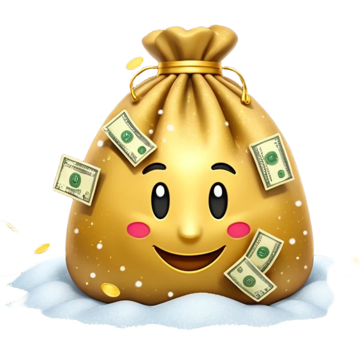 3D emoji style, money bag with dollar bills, New Year theme, snow particles, festive lighting, rich vibe, high detail, transparent background

 emoji