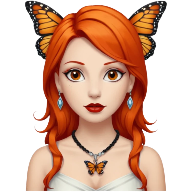 A white siren with dark orange hair, red lips, dark black eyes, nice eyelashes, bunch of ear piercings, a necklace and only one Monarch butterfly on her shoulder emoji