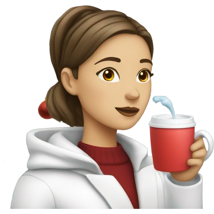Girl with a white Coat that is drinking hotchocolate next to a Christmas Tree emoji
