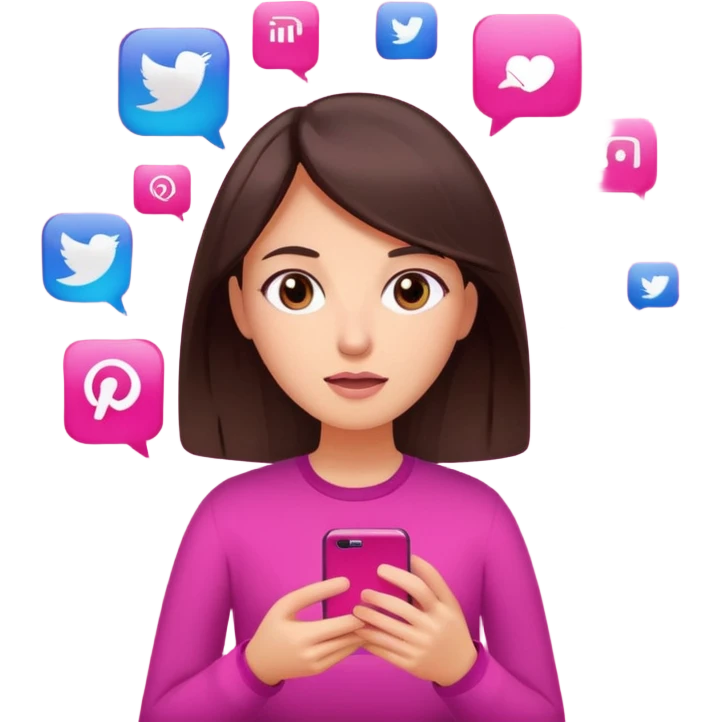 Social media manager. She has dark brown hair, brown eyes, overwhelmed expression, slightly stressed face,a holding a smartphone with notifications piling up. Use vibrant colors with a focus on pink and fuchsia tone emoji