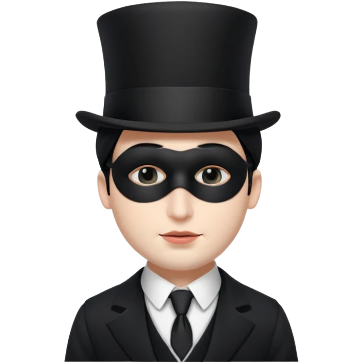 A french man with snow white skin, a black half mask with an eye hole, a black top hat, a black vest with a black tie tucked underneath, and a white collared shirt. Closed eyes. emoji