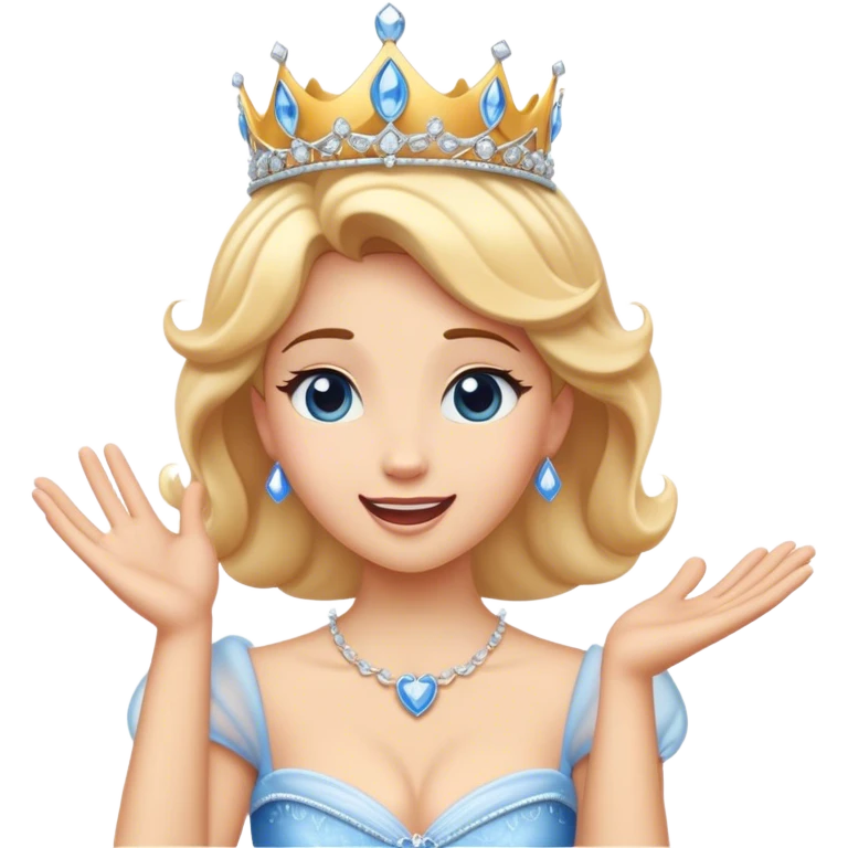 Cinematic Playful Cinderella Portrait Emoji, Blushing with excitement, hands clasped near her heart, eyes wide with anticipation, her tiara slightly askew from an unexpected twirl, a radiant princess caught in a moment of joy, utterly captivating! emoji