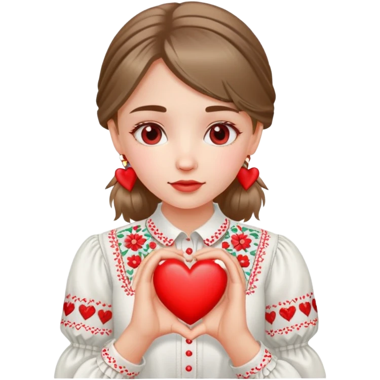Ukrainian girl in a white embroidered shirt holds a heart in her hand emoji