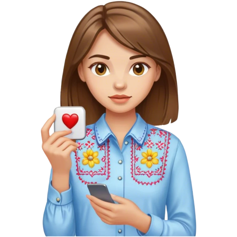A Ukrainian girl with brown hair in an embroidered shirt holds a magnet emoji