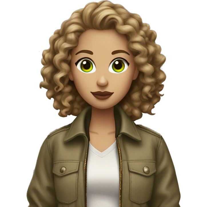 a girl with light brown curly hair, green eyes, plump beige lips. dressed in a khaki bomber jacket and brown leopard print jeans. emoji