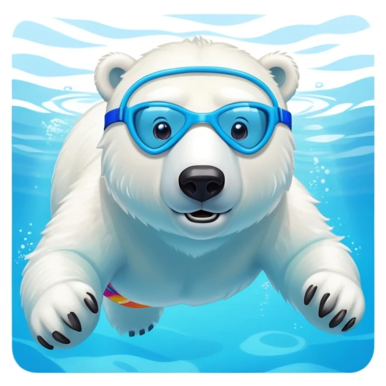 friendly anthropomorphised polar bear swimming in a wide pool, wearing colorful swim trunks and snorkel gear emoji