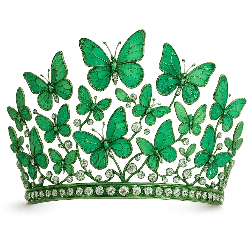 butterfly crown with a green base, butterflies in various green enamel shades, sparkling gems emoji