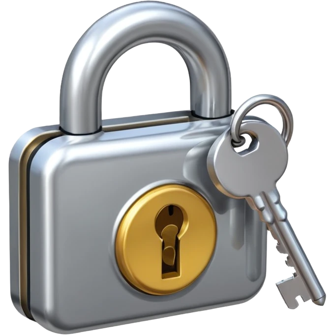 A chrome silver lock and key emoji, smooth metallic surfaces, glossy reflections, luxury swag vibe, minimal iOS emoji style, centered on clean white background emoji