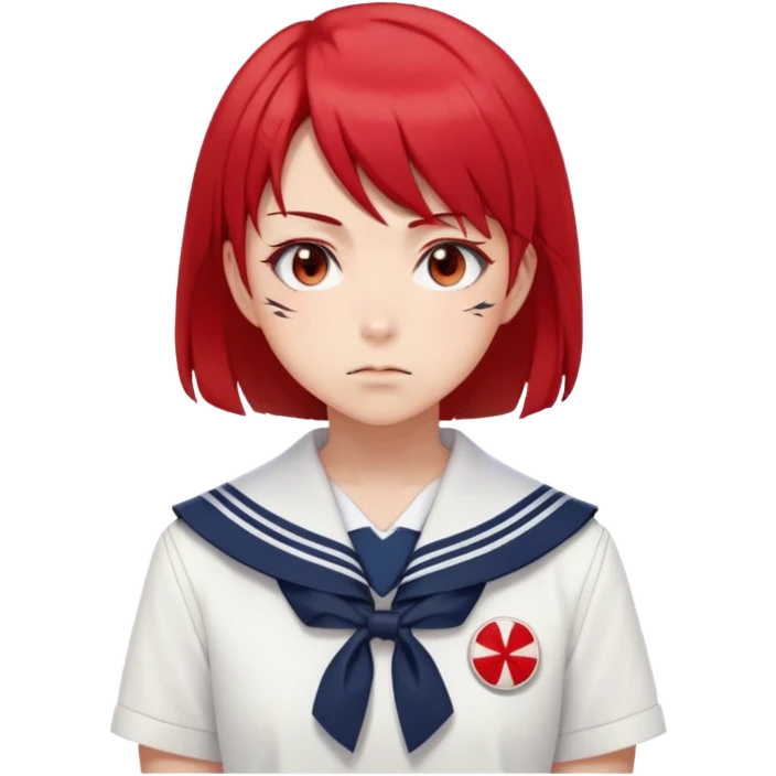 Serious anime girl with short bright red hair wearing Japanese sailor style school uniform, intense gaze and slight frown, disciplined posture emoji