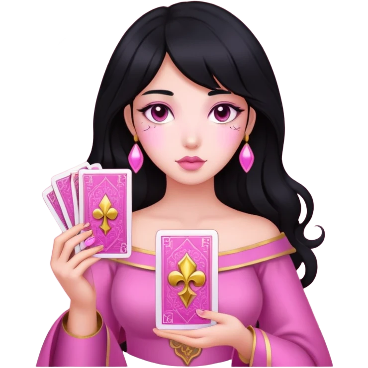 black hair girl with pink pink tarot gold cards emoji