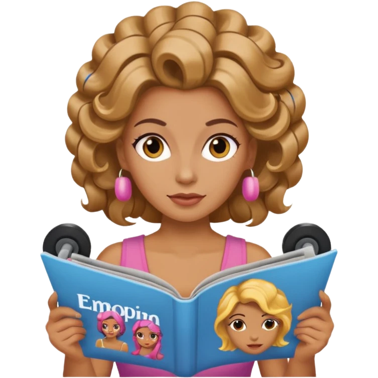 mujer en la peluquería con rulos en la cabeza y leyendo una revista emoji